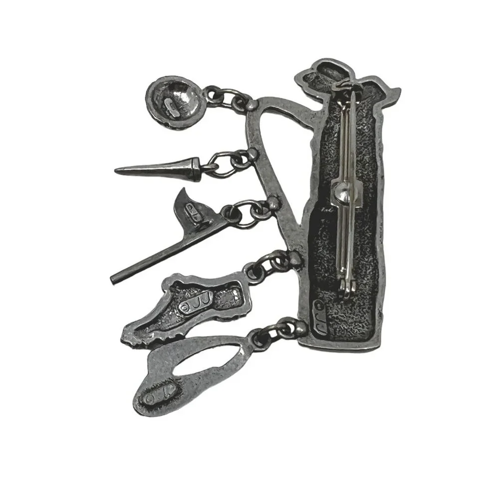 JJ Golf Bag Charms Brooch Hat Ball Signed Silver‎ Tone Pewter Vintage Pin